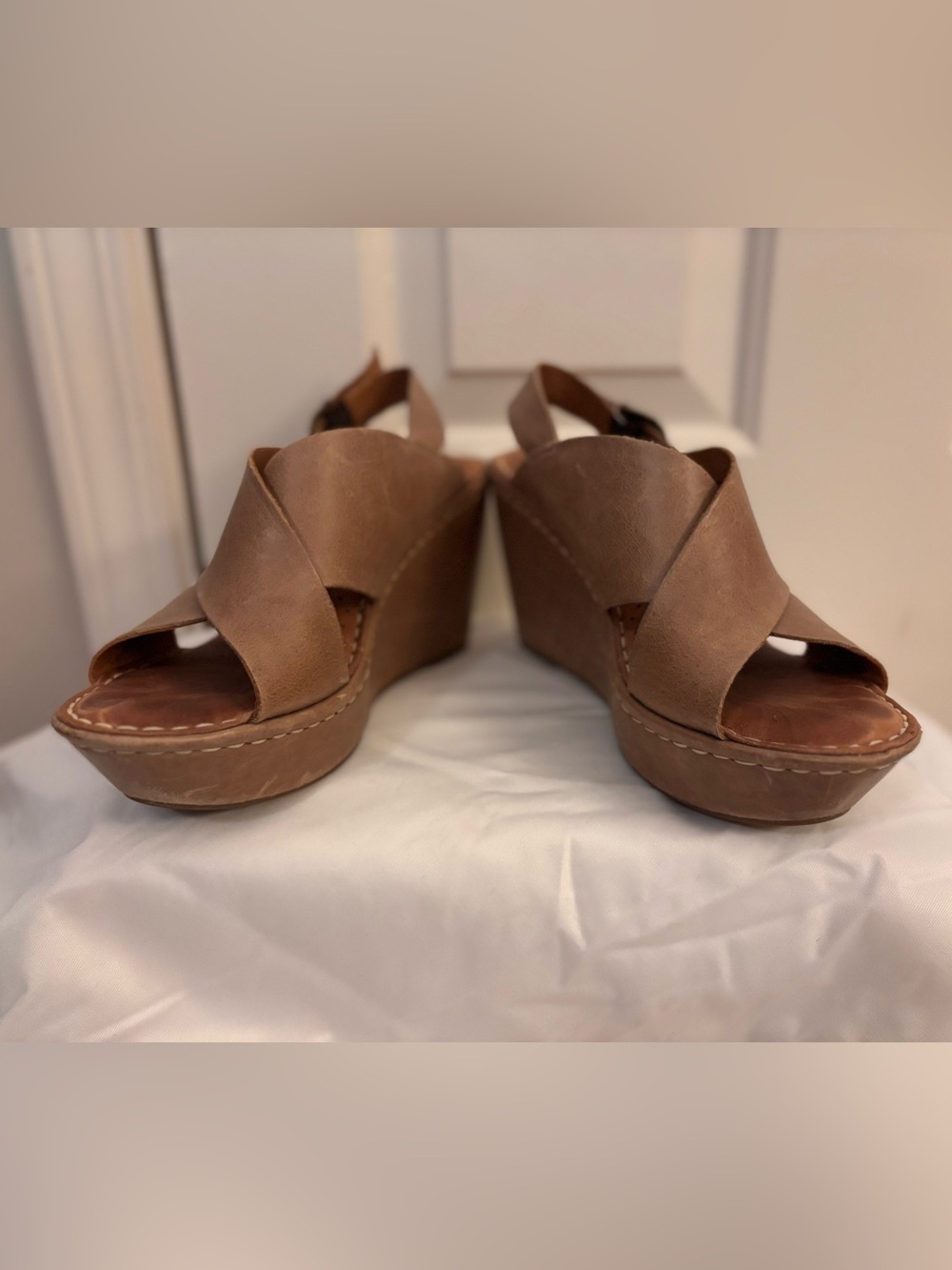 Born Brown Crossover Leather Wedge Sandals